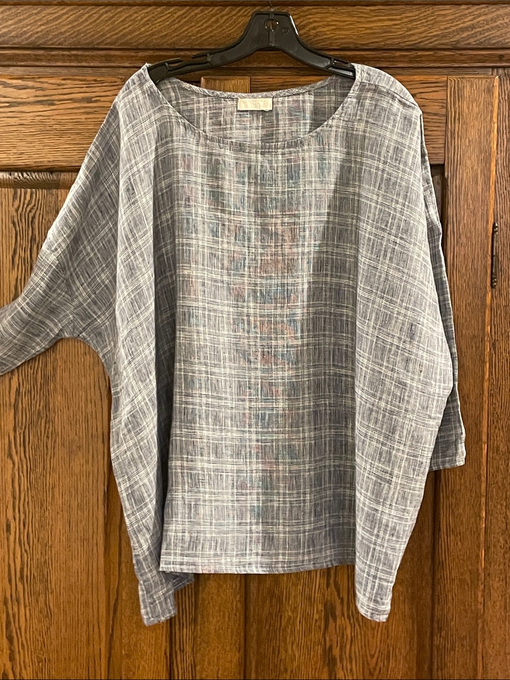 CPShades. Navy and White Plaid 100% Linen-Relaxed Top one size